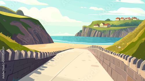 Scenic coastal pathway with cliffs, houses, and ocean view