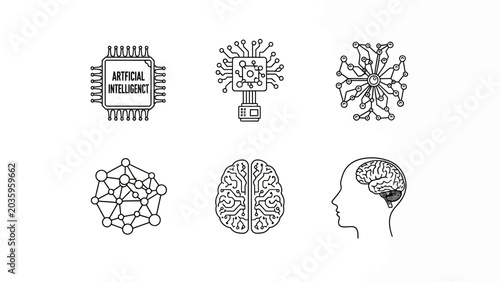 Illustrative Collection of Artificial Intelligence and Brain-Related Icons Representing Technology and Innovation