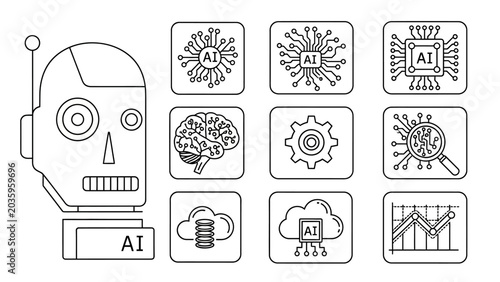 AI robot head and icons related to artificial intelligence, data, and technology