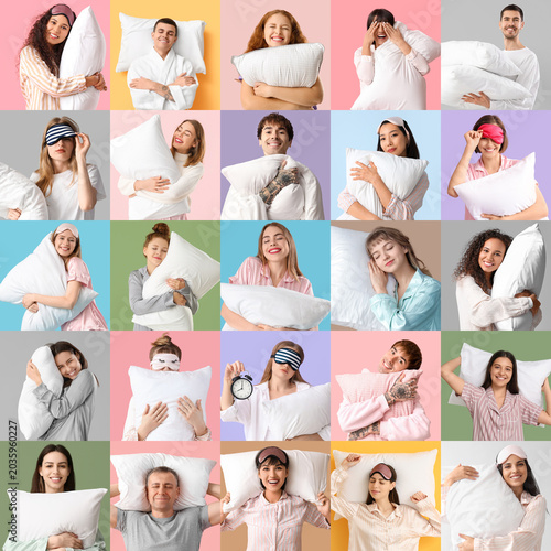 Big collage of people with soft pillows on color background
