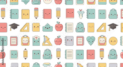 Seamless Pattern of Cute Kawaii School Supplies and Stationery Icons