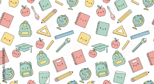 Seamless Pattern of Cute Kawaii School Supplies and Stationery