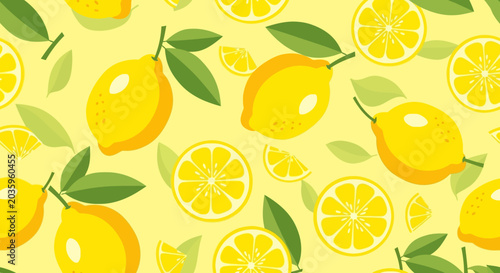 Foto Seamless Pattern of Fresh Yellow Lemons and Green Leaves
