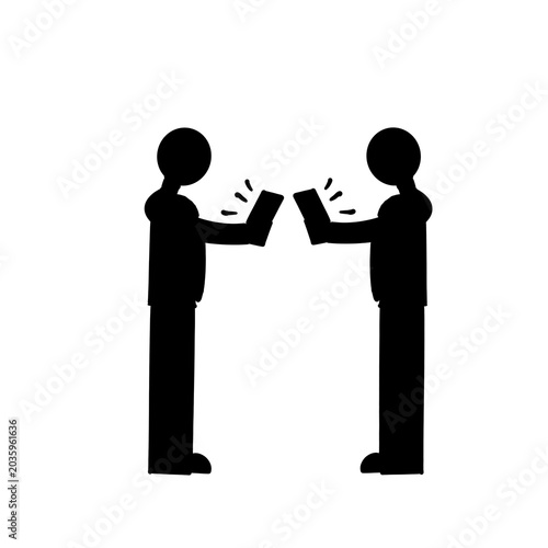  Handmade black and white sketch of standing person using smartphone, social media and technology theme
