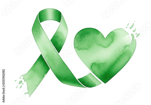 Green ribbon with heart shape symbol isolated on transparent background isolated on transparent background
