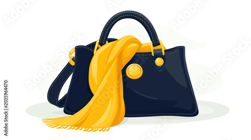 Stylish black handbag with a yellow scarf draped over it