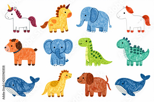 Cute crayon animal set, cute baby animal illustration, kids doodle scribbles with unicorn, elephant, dinosaur, bear, whale naive wax crayon art.