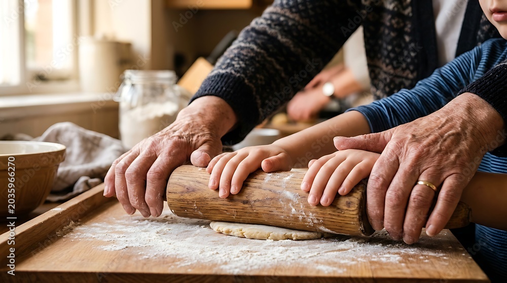 Obraz premium Grandparent and child hands rolling dough with a wooden rolling pin