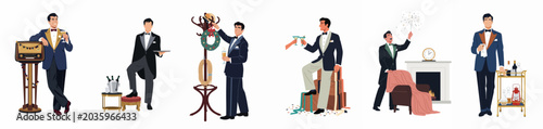 Photography Set of Vintage Style Illustrations Featuring Elegant Men in Tuxedos Celebrating