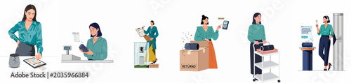 Foto Character illustrations depicting the complete product return and refund process for damaged goods in retail and e-commerce