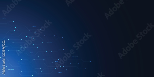 Photos Digital circuit board pattern with blue lights and triangular connectors on a da