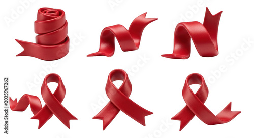 red ribbons in various shapes against white background symbolizing awareness for graphic design and advocacy materials