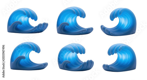 six blue stylized ocean waves arranged on a white background suggesting a pattern for design or illustration