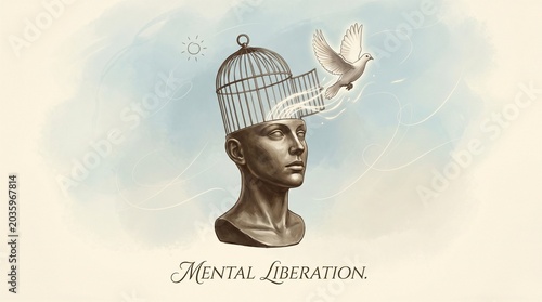 Foto The image depicts a surrealist work of art rich in metaphorical meaning, depicting a sculpture of a human head with its top open to form a birdcage