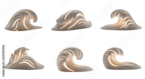 artistic illuminated wave shaped sculptures arranged on a white backdrop elegant design for interior decor