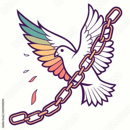 Konstfotografi White dove breaks chain symbolizes freedom peace hope.