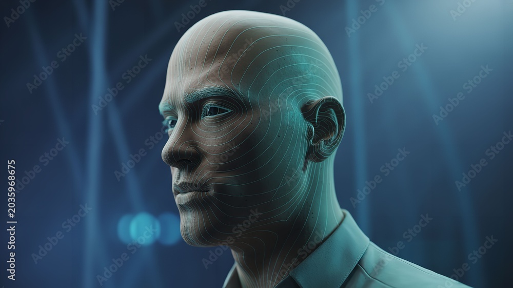 Obraz premium Bald businessman thinking in futuristic blue neon corporate environment