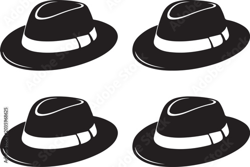 Black fedora hat flat illustration set of four