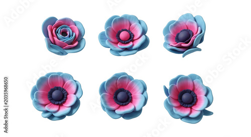six colorful clay flowers displayed on a white surface possibly for crafts decoration or education