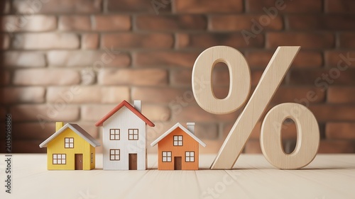 Houses with percentage sign on table against brick wall