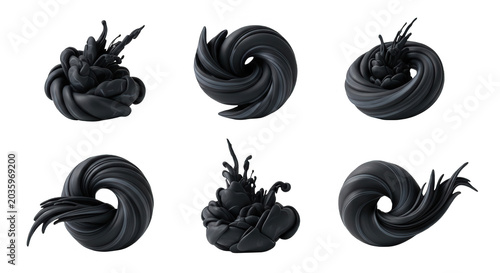 sculptural black shapes in motion isolated on white background abstract art and design use
