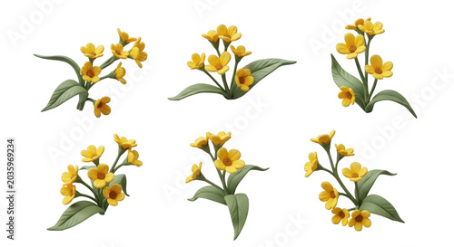 six clay modeled yellow flower arrangements on a white backdrop decorative backgrounds or spring themed designs