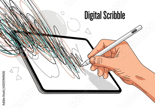 Digital Scribble on Tablet with Stylus Hand Drawing Abstract Lines.