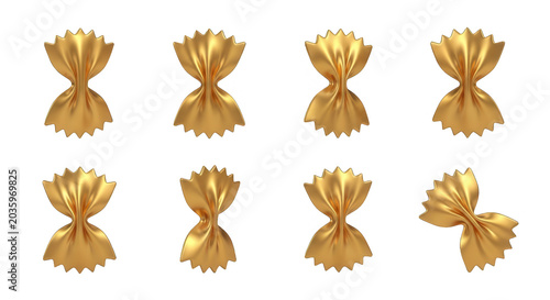 isolated golden farfalle pasta arranged on a white background texture for culinary projects and design