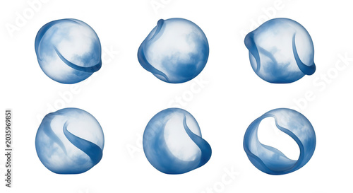 six abstract blue watercolor spheres floating with shadows against a clean white background science art or design