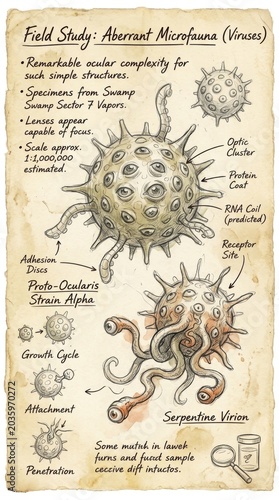 Scientific field study illustration of fictional aberrant virus microfauna with eyes and tentacles on aged parchment paper