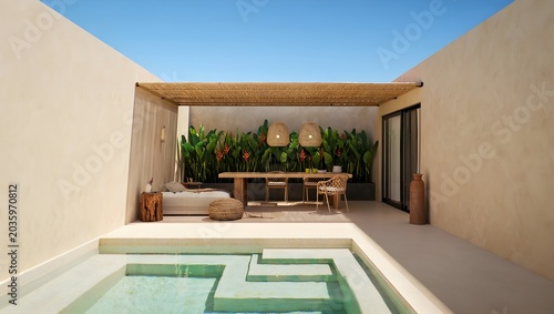 Ultra Minimalist Enclosed Courtyard Villa With Dark Mosaic Plunge Pool, Lush Tropical Palm Garden Against White Render Walls And Natural Rattan Outdoor Living (AI-Generated)