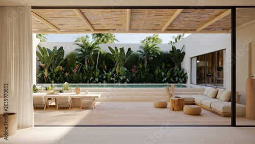 Ultra Minimalist Enclosed Courtyard Villa With Dark Mosaic Plunge Pool, Lush Tropical Palm Garden Against White Render Walls And Natural Rattan Outdoor Living (AI-Generated)