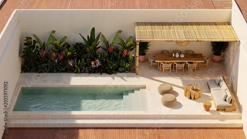 Ultra Minimalist Enclosed Courtyard Villa With Dark Mosaic Plunge Pool, Lush Tropical Palm Garden Against White Render Walls And Natural Rattan Outdoor Living (AI-Generated)