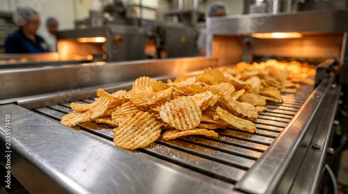 Industrial Production of Potato Chips on Conveyor Belt in Food Factory
