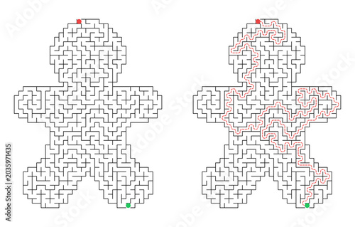 Christmas gingerbread man shaped maze for kids activity with solution grid
