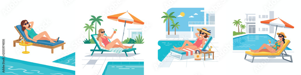 Fototapeta premium A simple flat vector of a guest relaxing on a sun lounger by the hotel pool, wearing sunglasses. Minimalist, no outline, modern bright colors, plain white background.