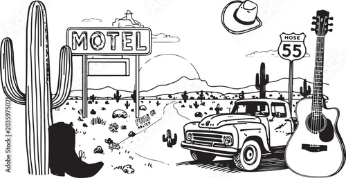 Black and white retro American road trip illustration set featuring a vintage truck