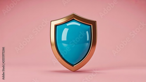 Cybersecurity shield protection concept with blue security badge on pink background
