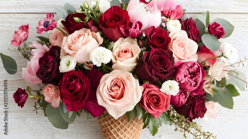 Beautiful Bouquet of Fresh Roses and Seasonal Flowers in a Rustic Ice Cream Cone Arrangement