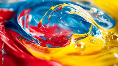 Vibrant primary color paint splash, abstract swirling liquid acrylic texture, colorful red blue and yellow fluid art background with bubbles