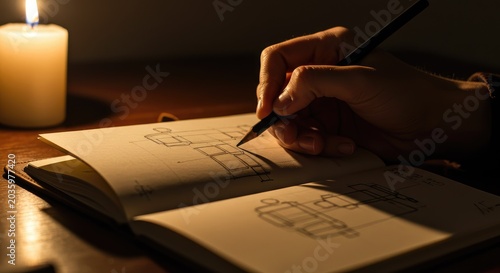 Candlelit Sketching: Hand Drawing Architectural Plans in Notebook, Warm Light