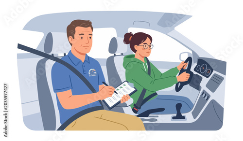 Student driver with instructor passing license exam in car vector illustration