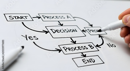 Business Process Flowchart Diagram on Whiteboard Hand Drawing Decision Tree and Plan Strategy