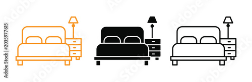 Photos Bedroom icons set with bed and lamp on nightstand in black, White, And orange co