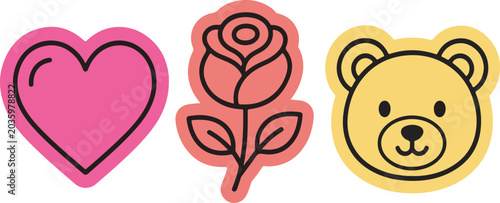Colorful cartoon heart rose and bear head stickers on white background
