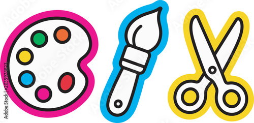 Colorful artistic tools for painting and cutting isolated on transparent background