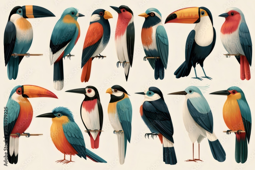 Obraz premium Assortment of colorful tropical birds perching on branches
