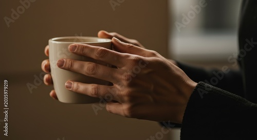 Close-up of Hands Holding a Warm White Mug, Soft Lighting and Detailed Texture