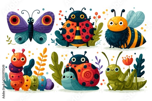 Cute cartoon bugs and insects playing with plants