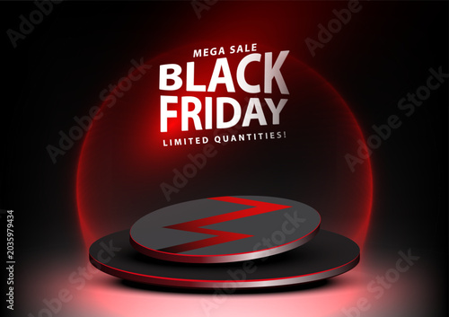 Black Friday Mega Sale Podium Background with Red Neon Glow. Vector illustration.
